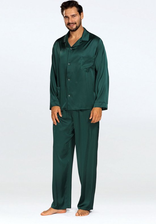 Elegante satijnen herenpyjama -Satijn pyjama heren met knoopsluiting - Lange Mouw Lange Broek pyjama - DKaren Noah - groen XL