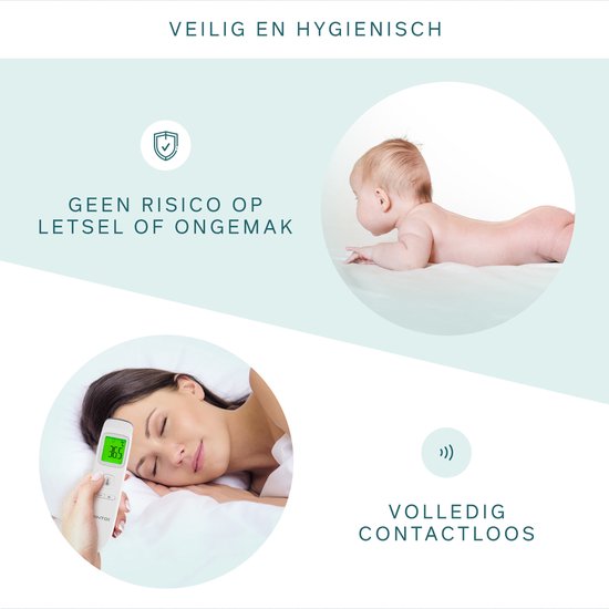 Witte Bintoi thermometer met groen LCD-scherm van 36.5 graden, gebruikt door een vrouw op een slapende vrouw, en door een hand op een baby. Toont ook het contactloze logo.