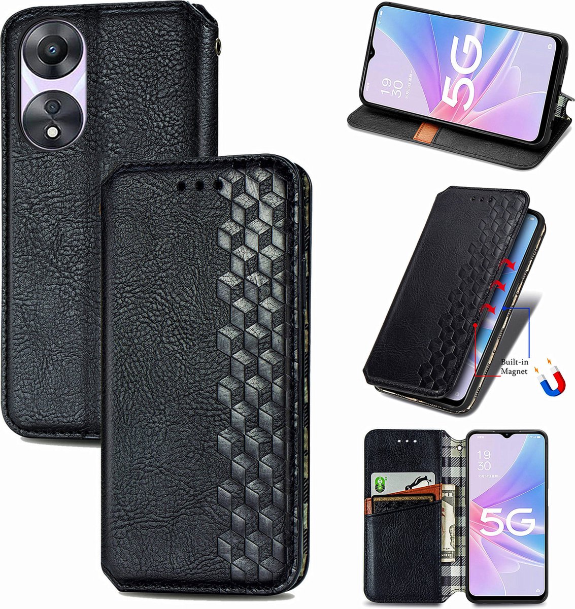 Luxe PU Lederen Ruitpatroon Wallet Case + PMMA Screenprotector voor OPPO A78 5G _ Zwart