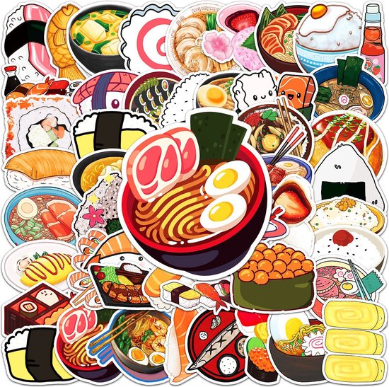 Sushi & Noedels Stickers - mix 50 stuks - Thema: Japanse gerechten/Aziatisch eten - 5x6CM - Winkrs