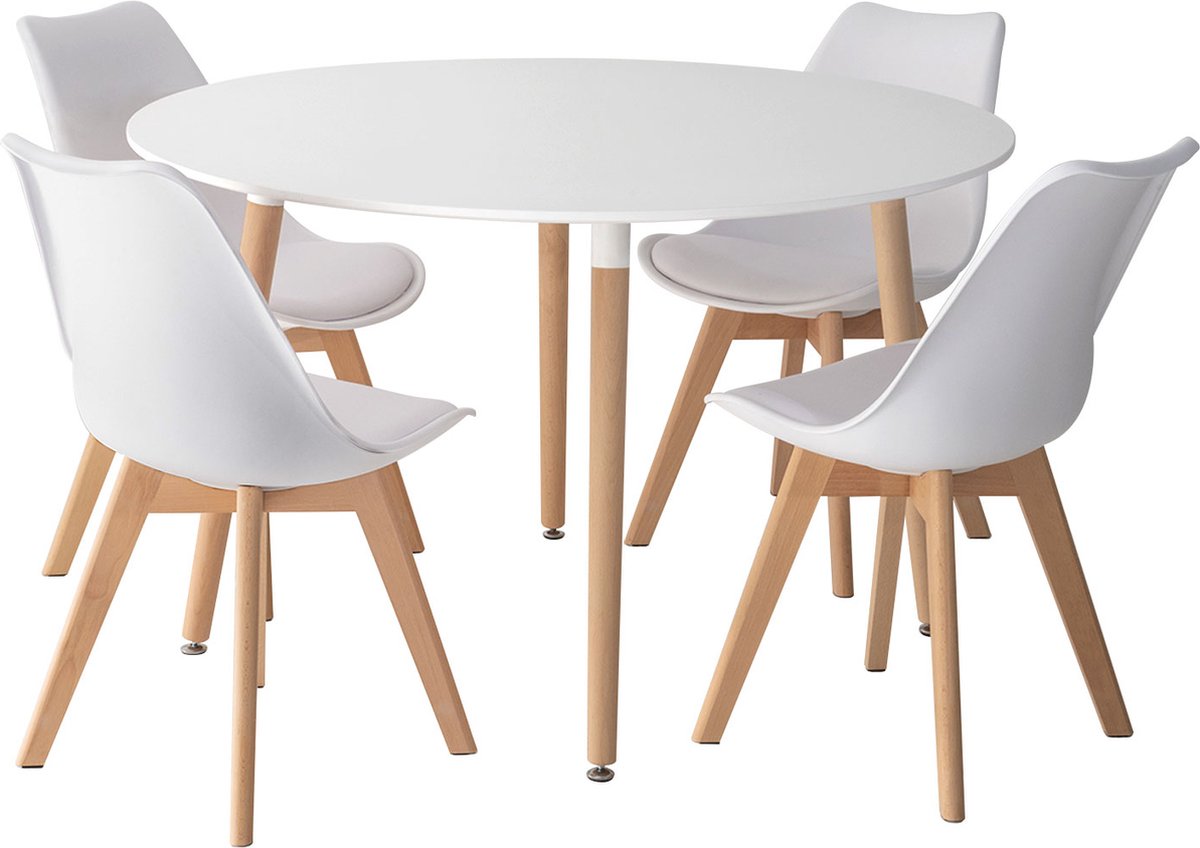 MARTHA 120cm ronde tafel en 4 NORA stoelen wit
