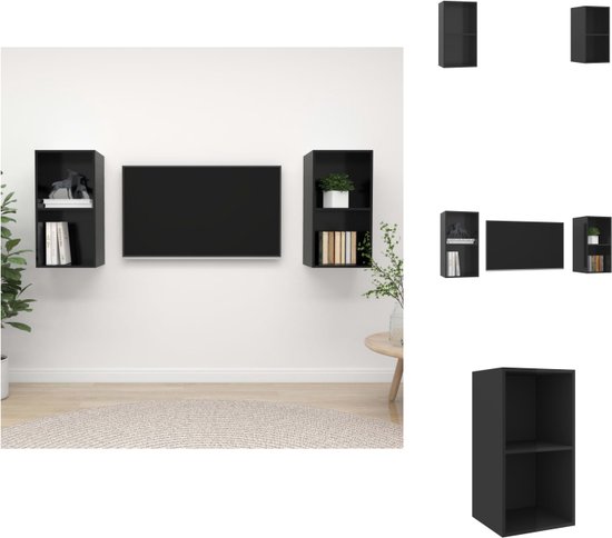 vidaXL TV-meubelset - 2 stuks - spaanplaat - 37x37x72 cm - hoogglans zwart - Kast