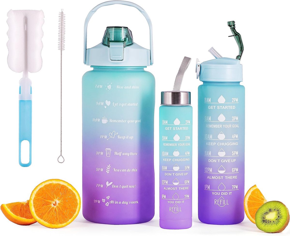 3 x Drinkfles 2 L + 900 ml + 500 ml met rietje Waterfles Motivatie Tijdmarkering Lekvrij voor sport, buiten, kantoor, fitness, kamperen, yoga - BPA-vrij (Blauw/Paarse kleur)