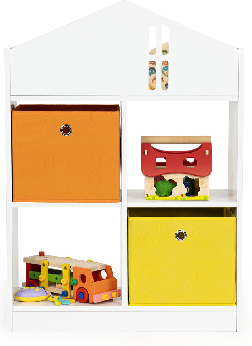 Ecotoys boekenkast met 2 mandjes - speelgoedkast 6 vakken - kinderkast wit / oranje / geel - 65.2 x 27 x 90.5 cm - vorm van een huis