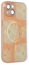 Casemania Hoesje Geschikt voor Apple iPhone 13 Roze - Siliconen Marmer Back Cover - Geschikt voor MagSafe