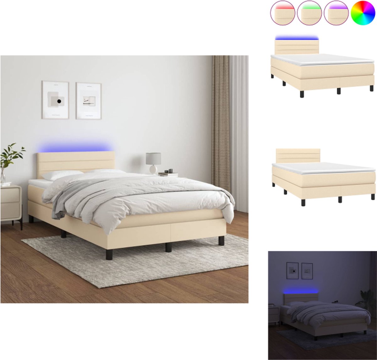 VidaXL Boxspring Crème 203 x 120 x 78 88 cm Inclusief Matras en LED Bed