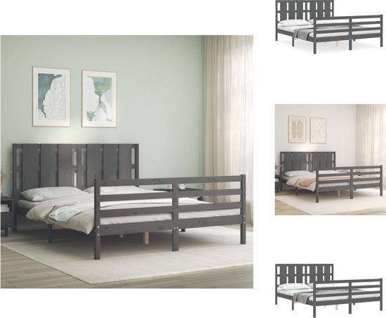 vidaXL Bedframe Grenenhout - Grijs - 205.5 x 165.5 x 100 cm - Functioneel hoofd- en voeteneinde - Montage vereist - Bed