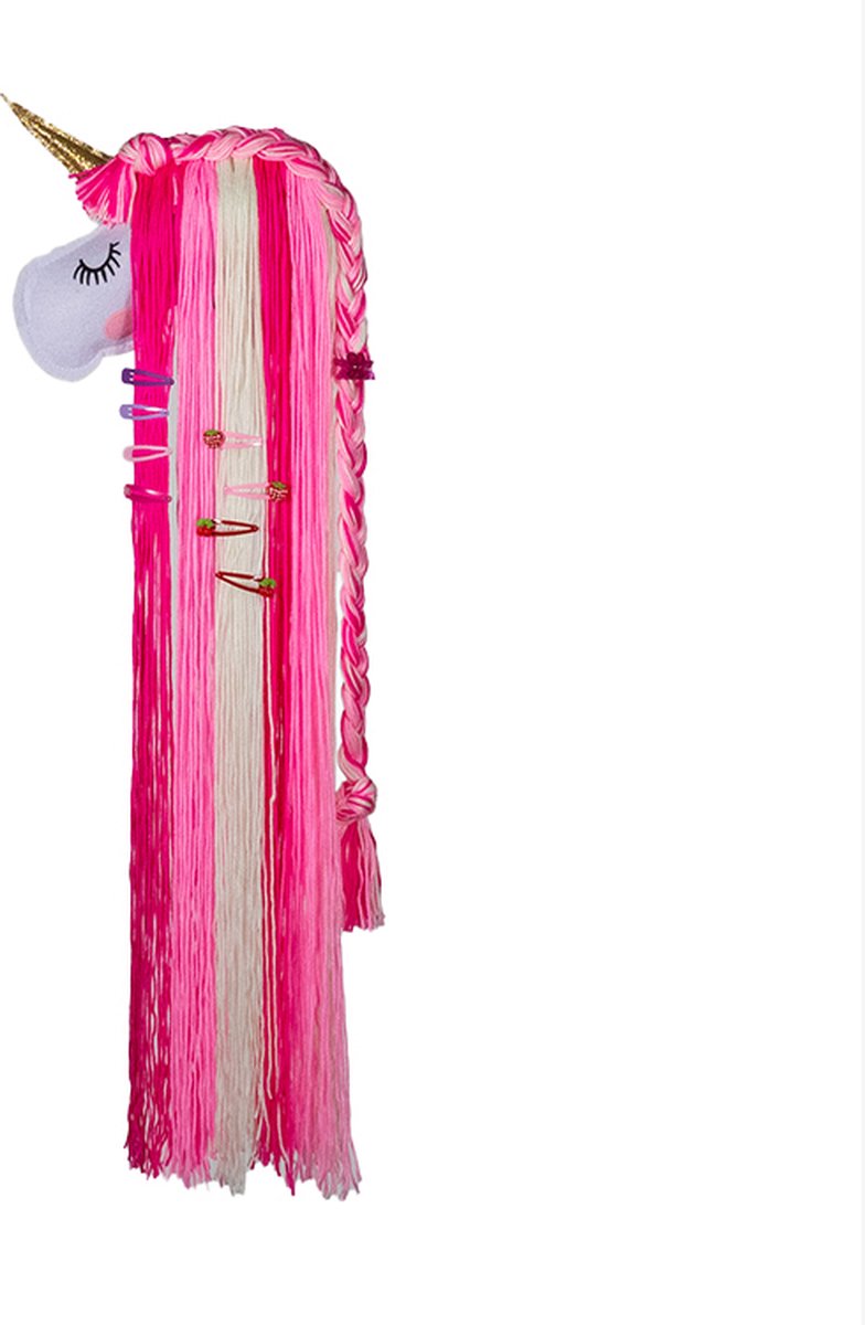 Intirilife Mooie Unicorn Haarclip opbergtapijt met Roze - Witte Strengen - 86 x 24 x 5 cm - Voor het opbergen van haarclips Snap clips en als wanddecoratie