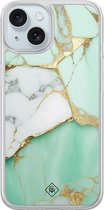 Casimoda® hoesje - Geschikt voor iPhone 15 - Marmer Mintgroen - 2-in-1 case - Schokbestendig - Marble design - Verhoogde randen - Mint, Transparant