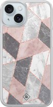 Casimoda® hoesje - Geschikt voor iPhone 15 - Stone grid marmer / Abstract marble - 2-in-1 case - Schokbestendig - Geometrisch patroon - Verhoogde randen - Roze, Transparant