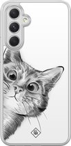 Samsung Galaxy A54 hoesje siliconen - Kat kiekeboe - Casimoda® 2-in-1 case hybride - Schokbestendig - Illustratie - Verhoogde randen - Wit, Transparant