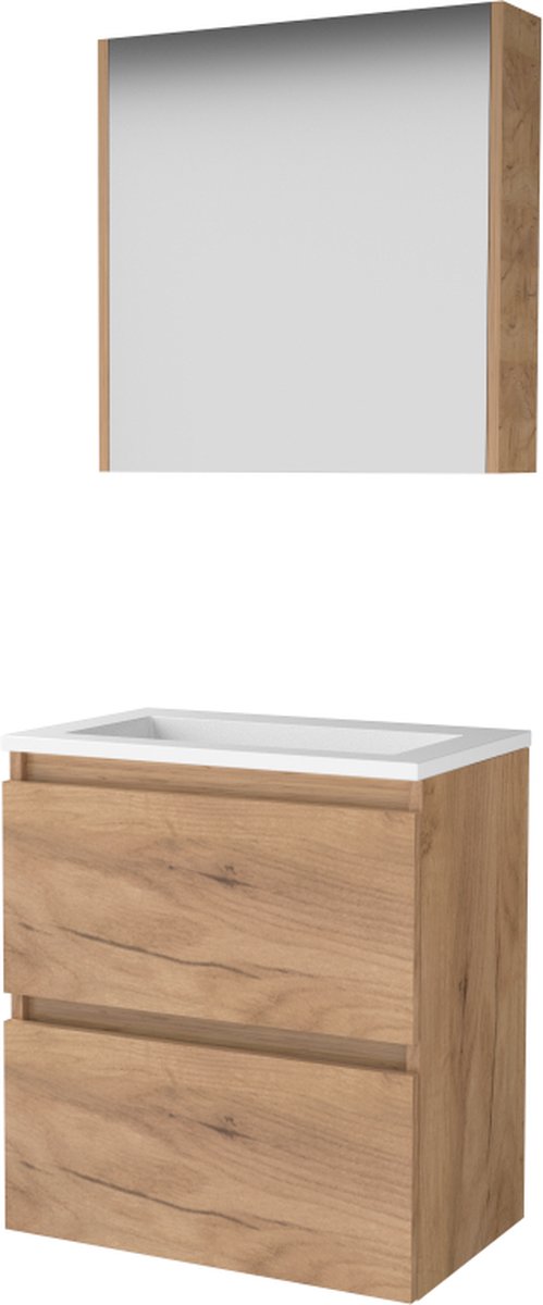 Basic Comfort 39 badmeubelset met spiegelkast, greeploze wastafelonderkast met 2 lades en acryl wastafel zonder kraangaten 60 x 39 cm, whisky oak