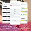 Drie schermen van de Neapharma Free Fuel Plan App met een sportieve achtergrond.