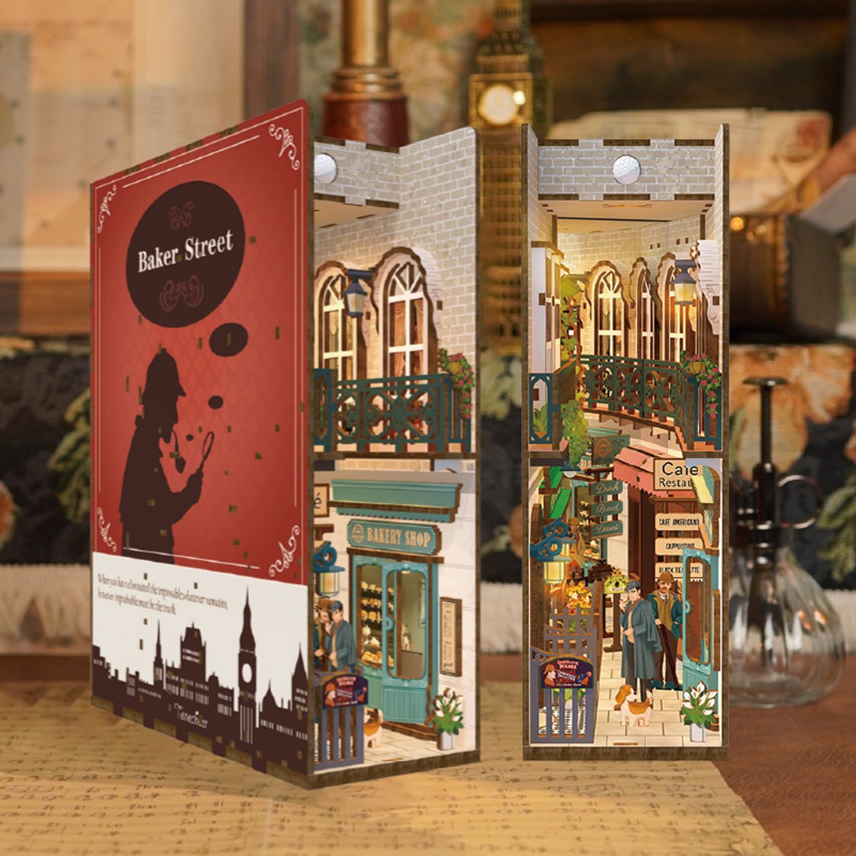 Tonecheer Baker Street Book Nook Bouwpakket - Modelbouw - 18,2 x 8 x 24,5 cm - Houten 3D Puzzel - Boekensteun - LED-licht - Bewegingssensor Licht - Boekenhouder — afbeelding 5