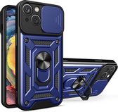 iPhone 15 Hoesje - MobyDefend Pantsercase Met Draaibare Ring - Blauw - GSM Hoesje - Telefoonhoesje Geschikt Voor iPhone 15