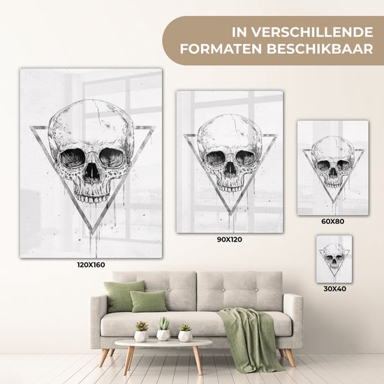 MuchoWow® Glasschilderij 60x80 cm - Schilderij acrylglas - Schedel - Driehoek - Tekening - Druppels - Doodskop - Foto op glas - Schilderijen