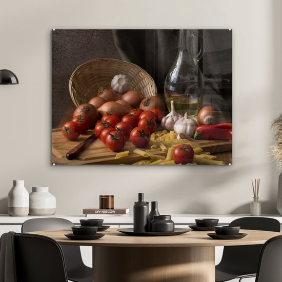MuchoWow® Tableau sur verre 80x60 cm - Tableau sur verre acrylique - Planche à découper - Légume - Nature morte - Pâtes - Oignon - Tomate - Planche à découper - Photo sur verre - Décoration murale salon - Décoration murale chambre - Peintures