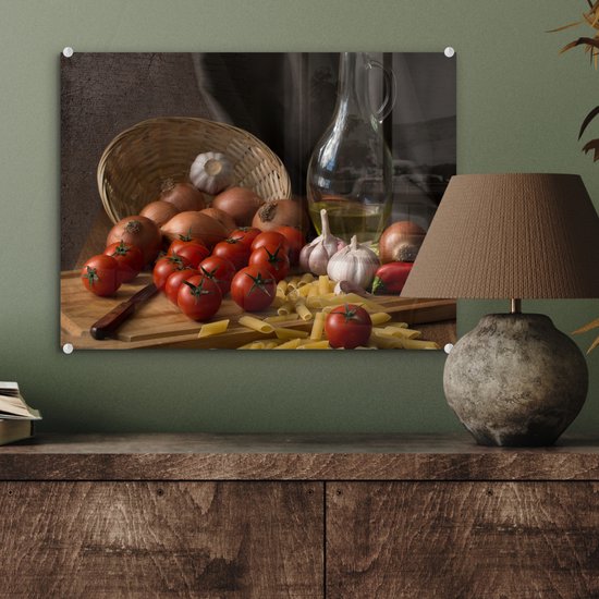 MuchoWow® Tableau sur verre 40x30 cm - Tableau sur verre acrylique - Planche à découper - Légume - Nature morte - Pâtes - Oignon - Tomate - Planche à découper - Photo sur verre - Décoration murale salon - Décoration murale chambre - Peintures