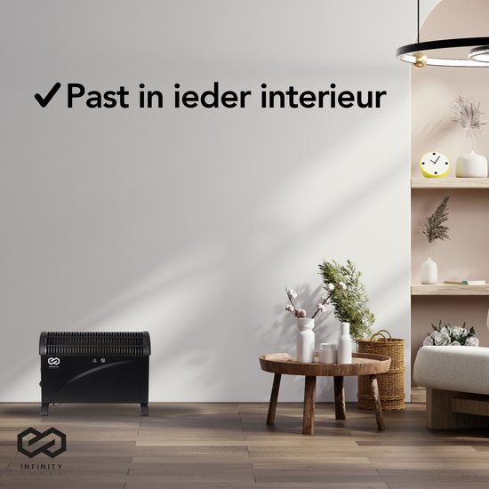 Zwarte convector kachel in een modern ingerichte woonkamer.
