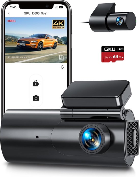 Dashcam 4K - Caméra Embarquée Ultra HD avec Vision Arrière Full HD, Éc