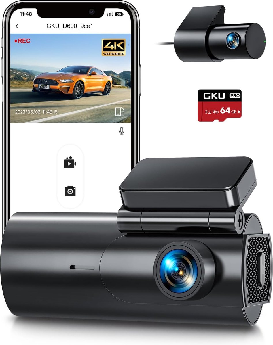 GKU - D600 - 4K Dashcam Auto - WiFi - 170° Weitwinkel - Super Nachtsicht - Inclusief 32GB SD Karte