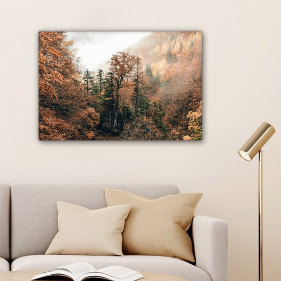 Peinture sur toile 180x120 cm - Décoration murale Nature - Forêt - Brouillard - Automne - Décoration murale salon - Décoration chambre - Accessoires de chambre - Peintures