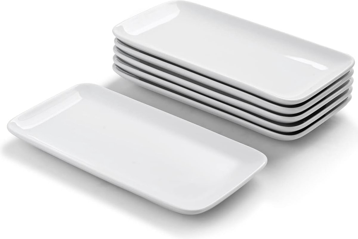 WishDeco Serveerplateau porselein, 6-delige set, serveerborden, rechthoekig, wit, 23 x 12 cm, voorgerechtenbord, langwerpig, klein, rechthoekig bord voor antipasti, sushi, cake, dessert, stapelbaar