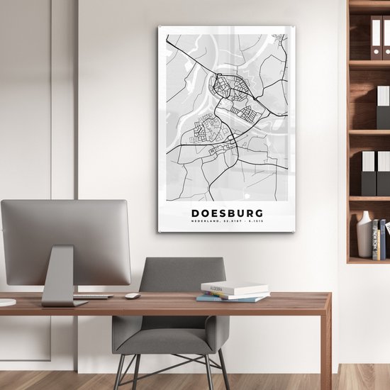 Peinture sur verre MuchoWow® 60x90 cm - Peinture acrylique sur verre - Doesburg - Nederland - Carte - Plan de ville - Zwart et Wit - Photo sur verre - Peintures