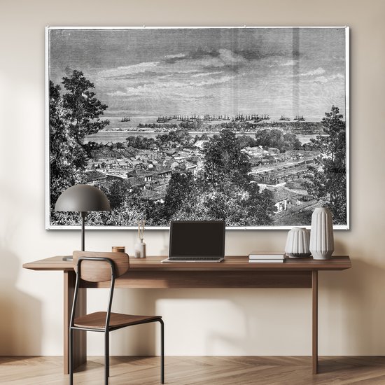 MuchoWow® Peinture sur verre 180x120 cm - Peinture sur verre acrylique - Illustration Zwart et blanc de Yokohama au Japon - Photo sur verre - Peintures