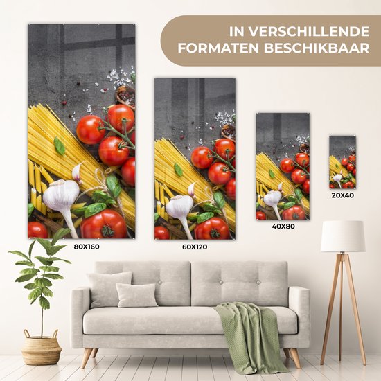 MuchoWow® Peinture sur verre 20x40 cm - Peinture sur verre acrylique - Pâtes - Herbes - Tomate - Épices - Rustique - Photo sur verre - Peintures