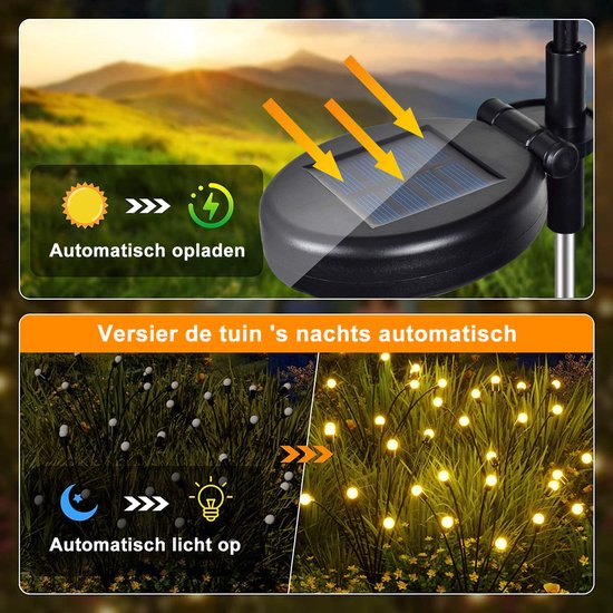 Solar Firefly tuinlichtjes met 8 lampjes - Verbeterde Solar Firefly decoratieve tuinverlichting - Met de wind bewegende sfeervolle LED tuinlampjes op sprieten met zonnepaneel en grondprikker - Zonne-energie - Warm wit 8 lampjes - Merkloos