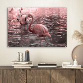 MuchoWow® Glasschilderij 60x40 cm - Schilderij glas - Een groep flamingo's staat in het water - Foto op acrylglas - Schilderijen