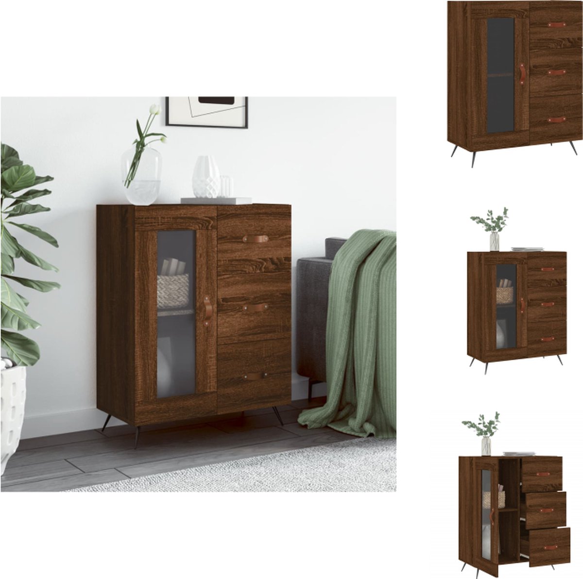 VidaXL Dressoir Vintage Bruineiken 69.5 x 34 x 90 cm Bewerkt Hout Metaal Glas Keukenkast