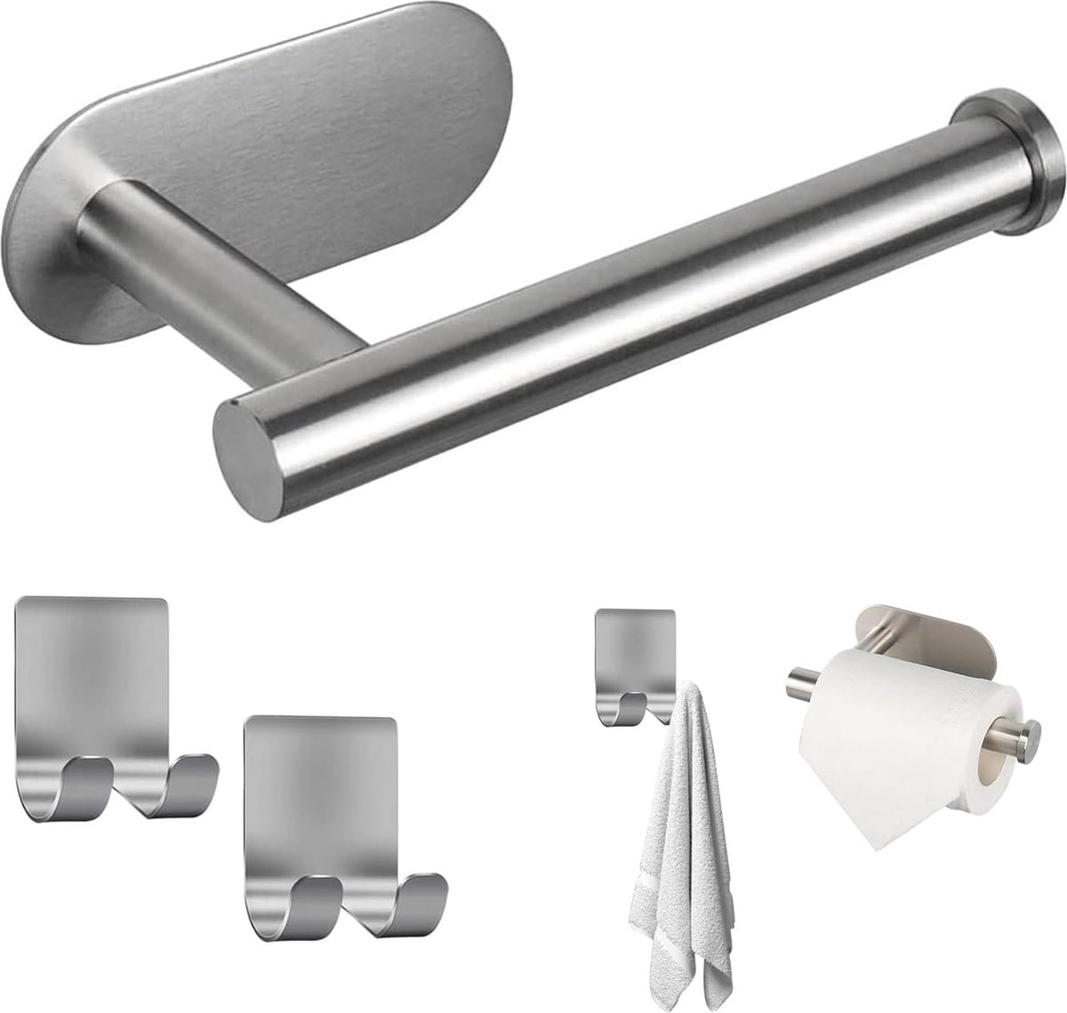 Toiletpapierhouder, zonder boren, zelfklevend, wc-houder, rolhouder, wc-rolhouder, papierhouder met 2 handdoekhaken, voor badkamer en keuken