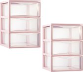 PlasticForte ladeblokje/bureau organizer - 2x - 3 lades - transparant/roze - L26 x B37 x H37 cm