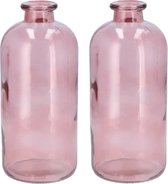 DK Design Bloemenvaas fles model - 2x - helder gekleurd glas - zacht roze - D11 x H25 cm