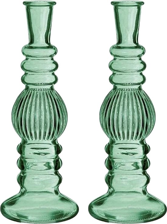 Ideas 4 Seasons Bloemenvaas Florence - 2x - groen glas - ribbel - D8,5 x H23 cm