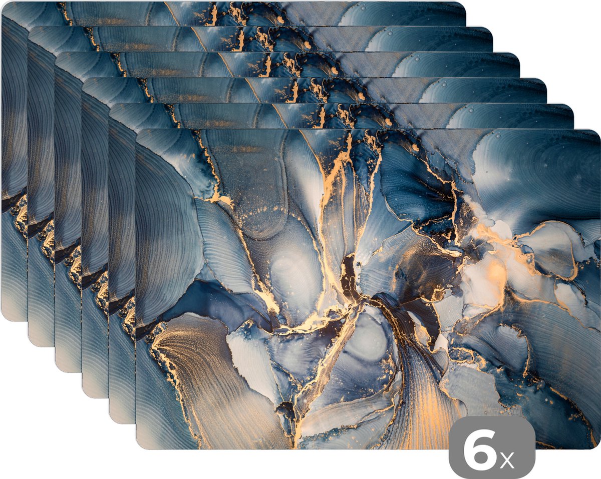 Placemats - Marmer - Goud - Grijs - Blauw - Onderleggers placemat - 45x30 cm - 6 stuks