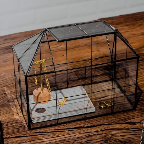 NCYP Klein geometrisch terrarium met deur, 19,1 cm, zwarte onregelmatige glazen pot, vetplanten-cactus-bloempot, woontuindecoratie, doe-het-zelfcadeau (zonder planten en rekwisieten