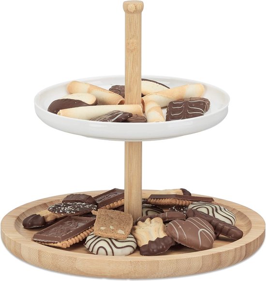 Bamboo and ceramic, 2-layer, serving plate, DxH: 25 x 25 cm for cookies, fruit, nibbles, natural white