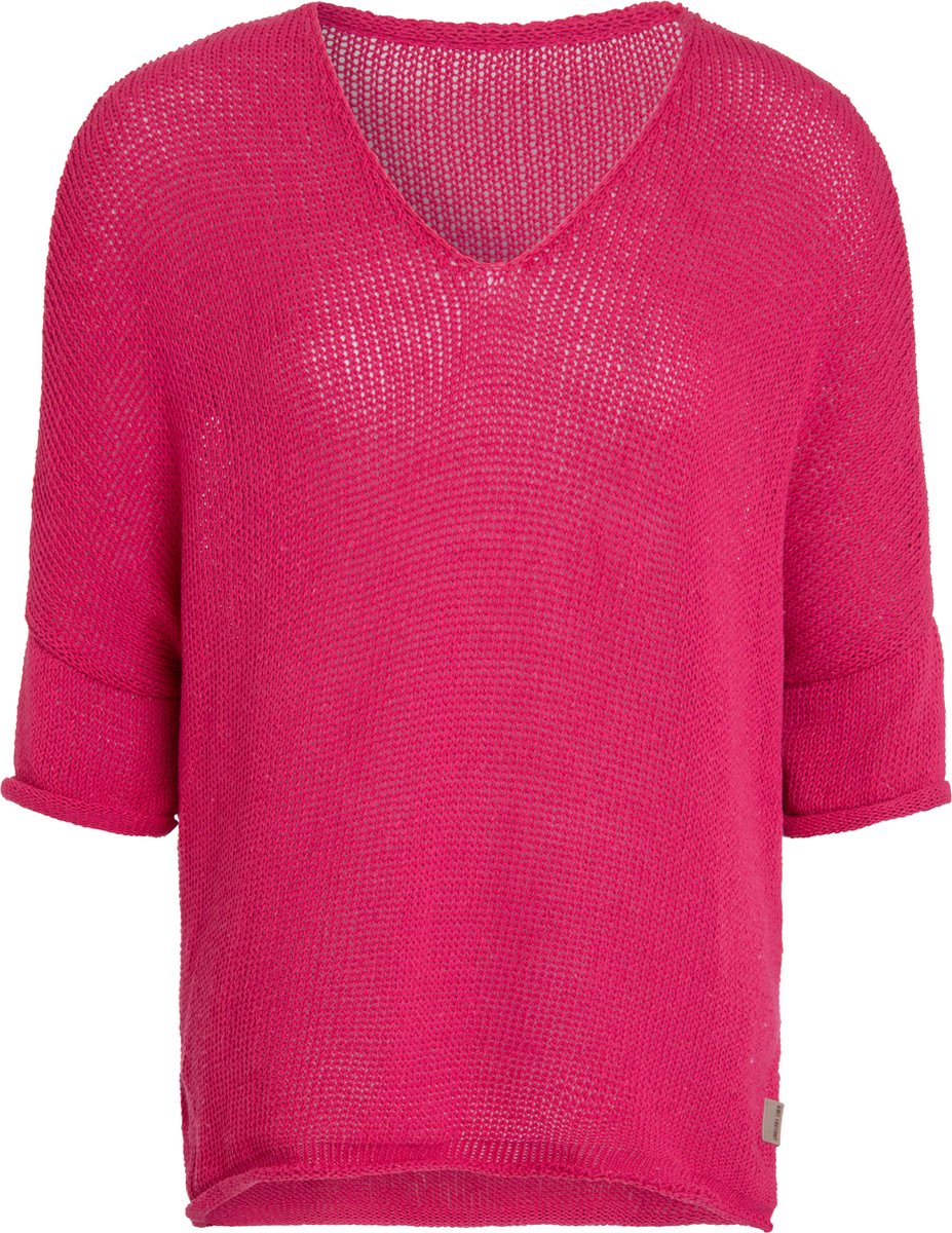 Knit Factory Jasmin Gebreide Dames Trui - Trui dames - Pullover voor de lente en zomer - Zomer trui dames - Damestrui - Duurzaam & milieuvriendelijk - V-hals - 3/4 mouw - Fuchsia - Felroze - 36/44 - 80% Gerecycled katoen