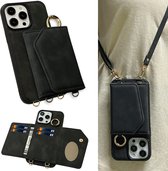 Casemania Hoesje Geschikt voor Apple iPhone 14 Pro Charcoal Gray - Luxe Back Cover 2 in 1 met Koord - Wallet Case geschikt voor Magsafe - Pasjeshouder