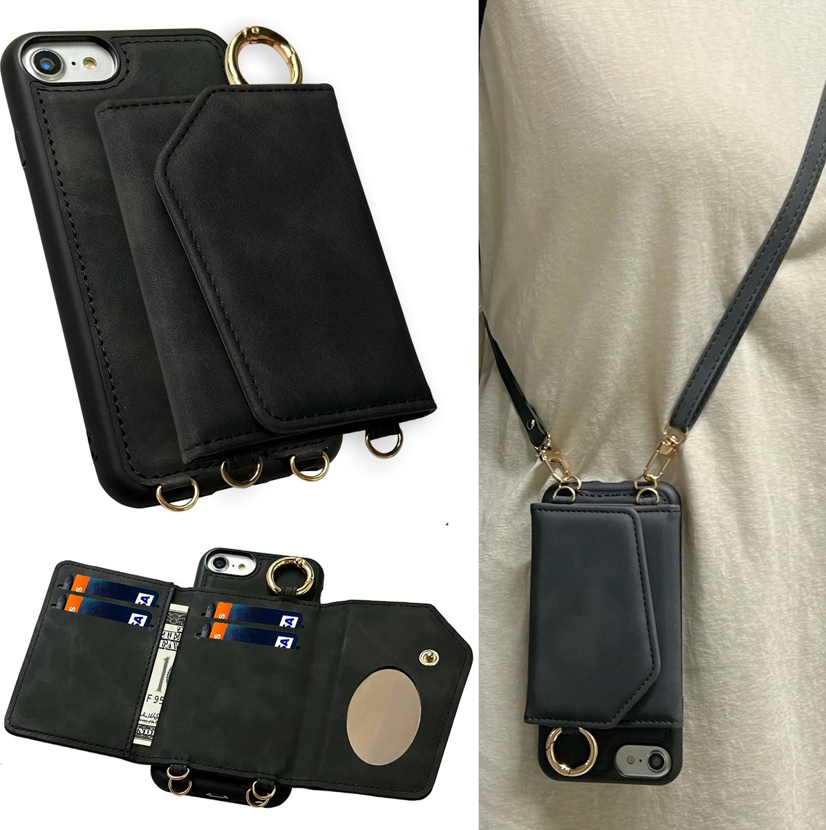 Casemania Hoesje Geschikt voor Apple iPhone SE (2022 / 2020) - 7 / 8 - Charcoal Gray - Luxe Telefoonhoes met Koord - Wallet Case met Spiegeltje en Pasjeshouder - Crossbody Draagbaar Alles-in-één Back Cover