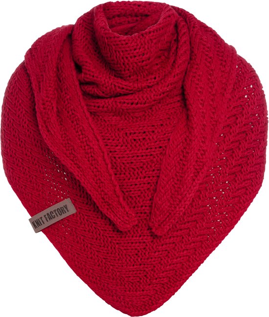 Knit Factory Sally Gebreide Omslagdoek - Driehoek Sjaal Dames - Dames sjaal - Wintersjaal - Stola - Wollen sjaal - Rood gemêleerde sjaal - Bright Red - 220x85 cm - Grof gebreid