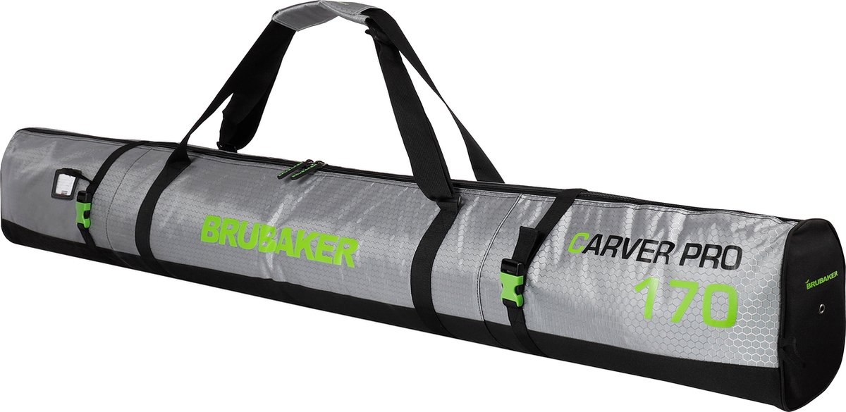 BRUBAKER CarverTec Pro - Skitas - Voor 1 paar Ski's & Stokken - Gevoerd - Zware Kwaliteit - Scheurvast - Skihoes - Verstelbare draag/schouderbanden - 170 cm - Zilver/Groen