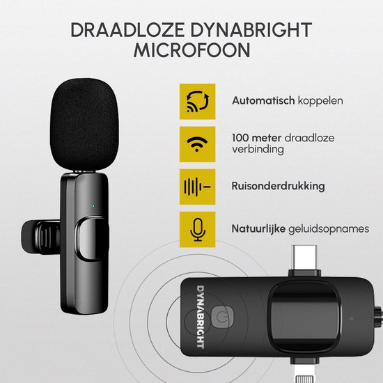 DynaBright Draadloze Microfoon - 2stuks - Lavalier Microfoon - Extra Lange Batterijduur - USB-C/AUX/Lightning - Dasspeld - Plug&Play - DynaBright