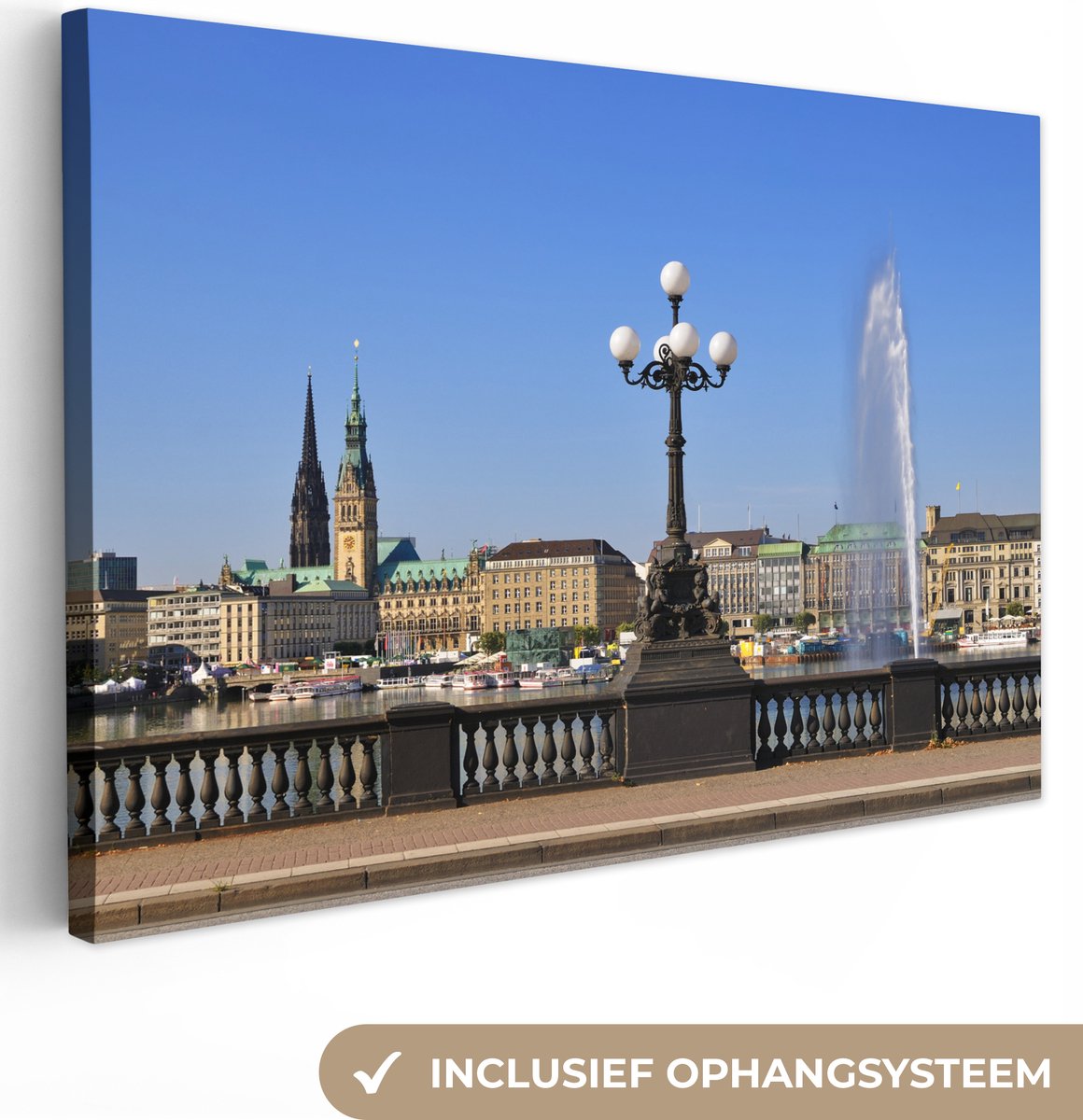 Canvas schilderij 120x80 cm - Wanddecoratie Stadhuis - Hamburg - Fontein - Muurdecoratie w