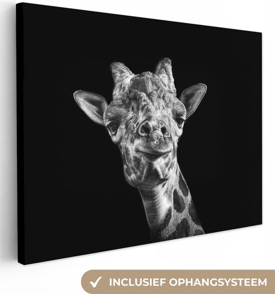 Tableau sur toile Girafe sur fond noir en noir et blanc - 40x30 cm - Décoration murale