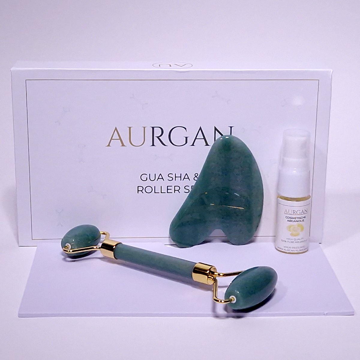 Aurgan Aventurine Jade Roller met Aventurine Gua Sha steen - inclusief 10ml arganolie - massage - Stimuleert doorbloeding - Anti rimpel massage - aventurijngroene Jade