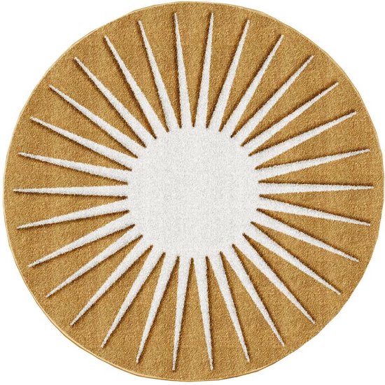 OZAIA Rond tapijt zon met reliëf - D200 cm - Mosterdgeel en wit - LUMINIO L 200 cm x H 1.6 cm x D 200 cm